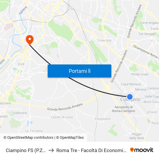 Ciampino FS (P.Za Kennedy) to Roma Tre - Facoltà Di Economia ""Federico Caffè"" map