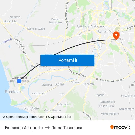 Fiumicino Aeroporto to Roma Tuscolana map