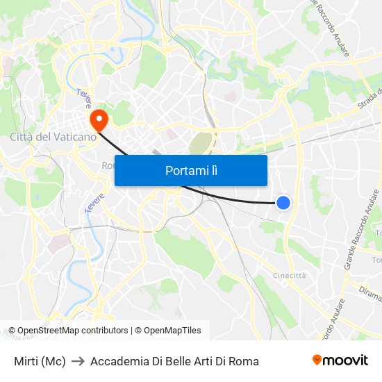 Mirti (Mc) to Accademia Di Belle Arti Di Roma map