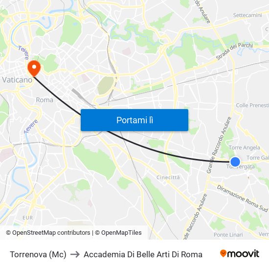 Torrenova (Mc) to Accademia Di Belle Arti Di Roma map