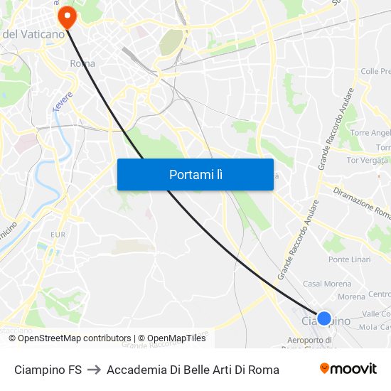 Ciampino FS to Accademia Di Belle Arti Di Roma map