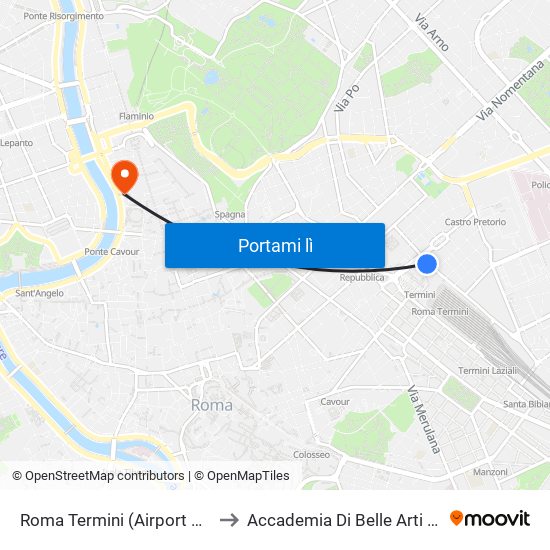 Roma Termini (Airport Shuttles) to Accademia Di Belle Arti Di Roma map