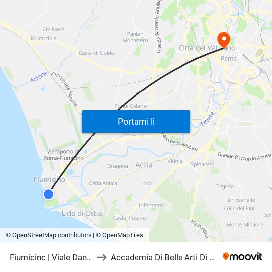 Fiumicino | Viale Danubio to Accademia Di Belle Arti Di Roma map