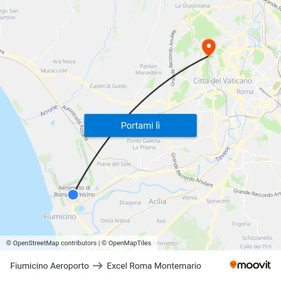 Fiumicino Aeroporto to Excel Roma Montemario map