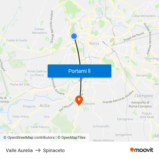 Valle Aurelia to Spinaceto map