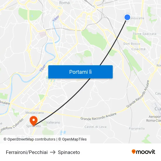 Ferraironi/Pecchiai to Spinaceto map