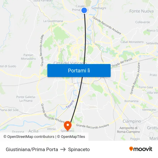 Giustiniana/Prima Porta to Spinaceto map
