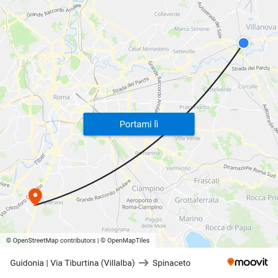 Guidonia | Via Tiburtina (Villalba) to Spinaceto map