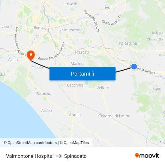 Valmontone Hospital to Spinaceto map