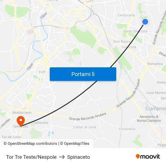 Tor Tre Teste/Nespole to Spinaceto map