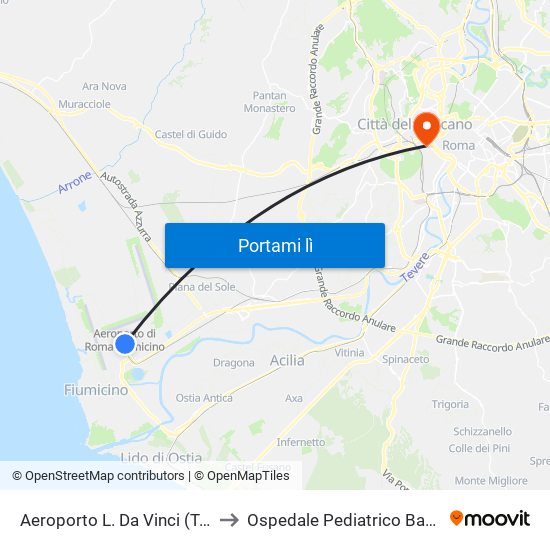 Aeroporto L. Da Vinci (Terminal T2) to Ospedale Pediatrico Bambino Gesù map