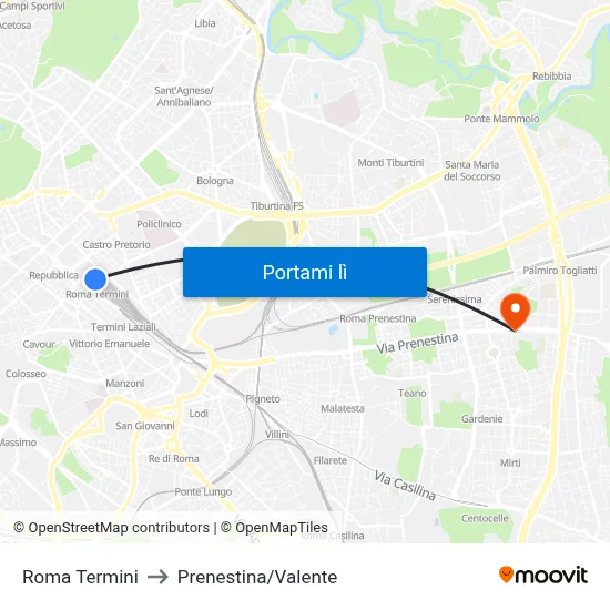 Roma Termini to Prenestina/Valente map