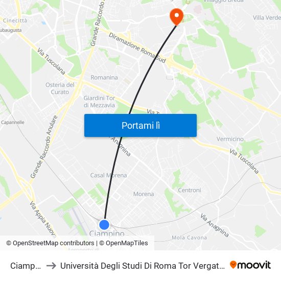 Ciampino FS to Università Degli Studi Di Roma Tor Vergata - Facoltà Di Economia map