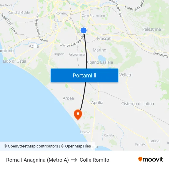 Roma | Anagnina (Metro A) to Colle Romito map