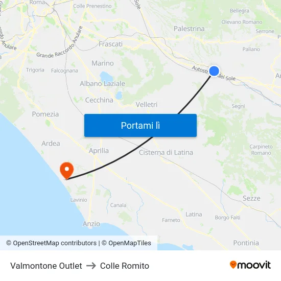 Valmontone Outlet to Colle Romito map