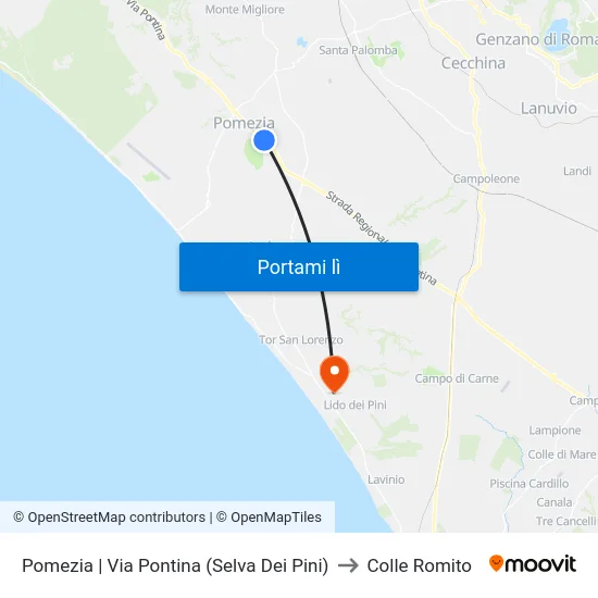 Pomezia | Via Pontina (Selva Dei Pini) to Colle Romito map