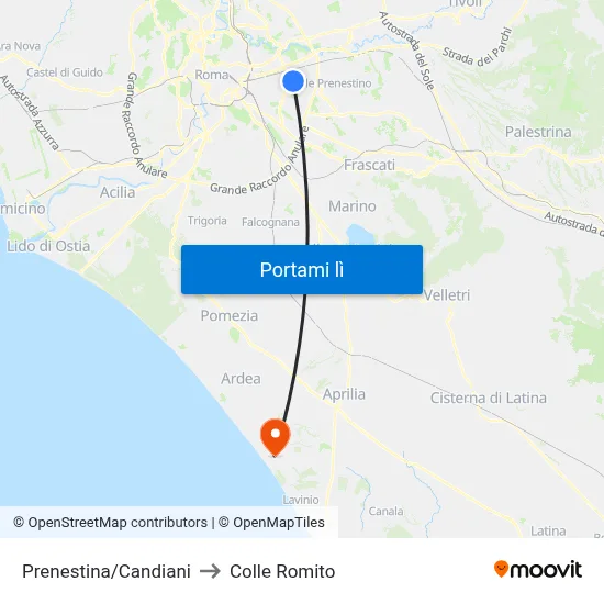 Prenestina/Candiani to Colle Romito map