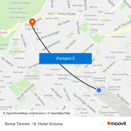 Roma Termini to Hotel Victoria map