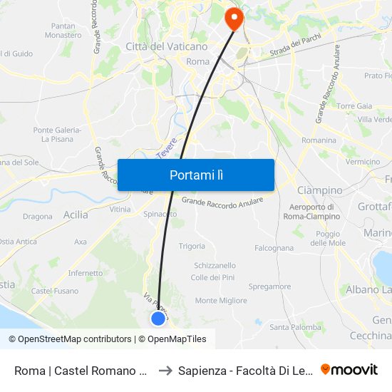 Roma | Castel Romano Shopping Village to Sapienza - Facoltà Di Lettere E Filosofia map