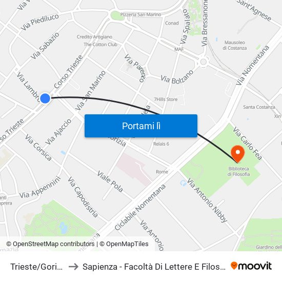 Trieste/Gorizia to Sapienza - Facoltà Di Lettere E Filosofia map