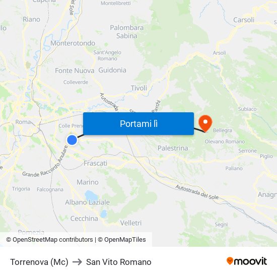 Torrenova (Mc) to San Vito Romano map