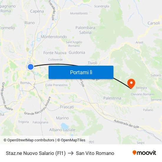 Staz.ne Nuovo Salario (Fl1) to San Vito Romano map