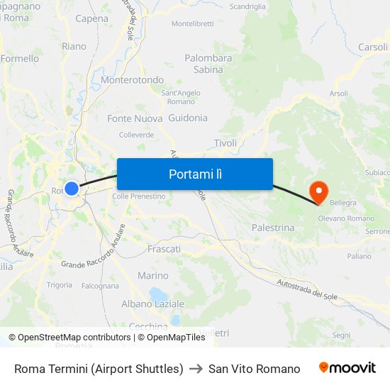 Roma Termini (Airport Shuttles) to San Vito Romano map