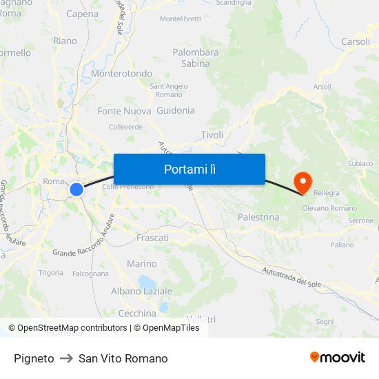Pigneto to San Vito Romano map
