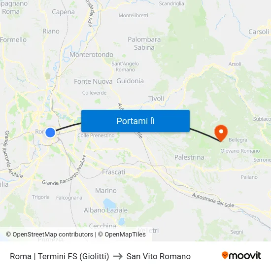Roma | Termini FS (Giolitti) to San Vito Romano map