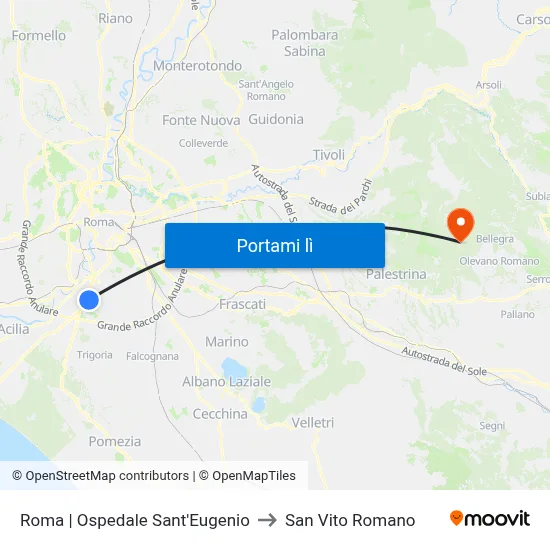 Roma | Ospedale Sant'Eugenio to San Vito Romano map