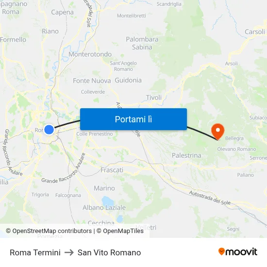 Roma Termini to San Vito Romano map