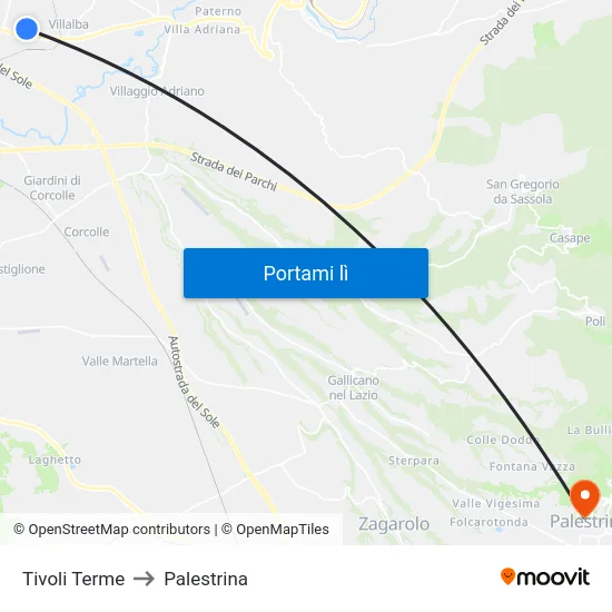 Tivoli Terme to Palestrina map