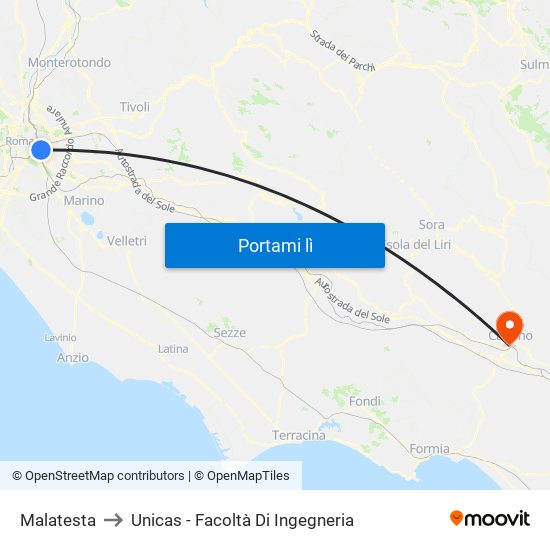 Malatesta to Unicas - Facoltà Di Ingegneria map