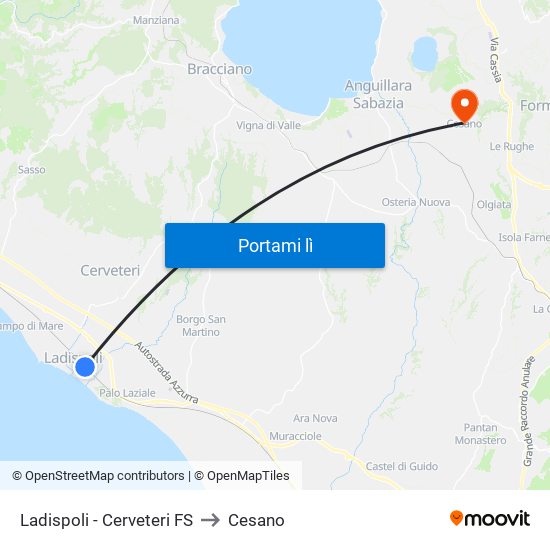 Ladispoli - Cerveteri FS to Cesano map