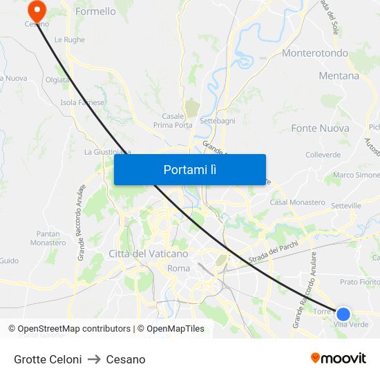 Grotte Celoni to Cesano map