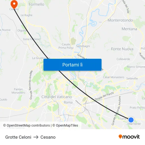 Grotte Celoni to Cesano map