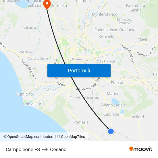 Campoleone FS to Cesano map