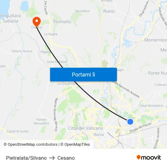 Pietralata/Silvano to Cesano map