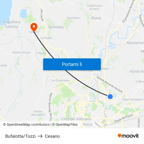 Bufalotta/Tozzi to Cesano map