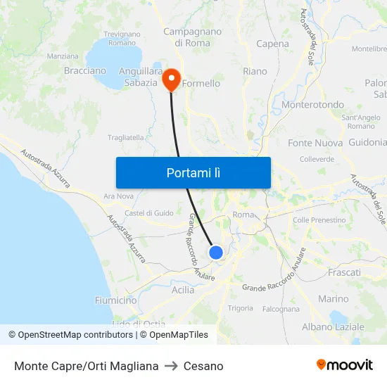 Monte Capre/Orti Magliana to Cesano map