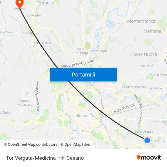 Tor Vergata/Medicina to Cesano map