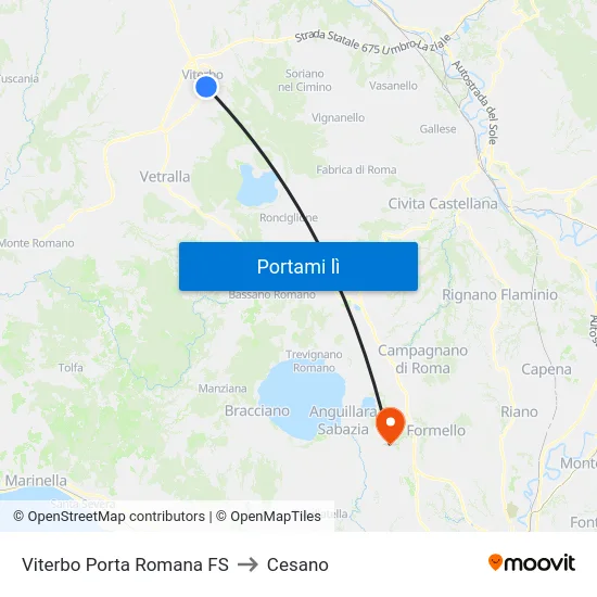 Viterbo Porta Romana FS to Cesano map