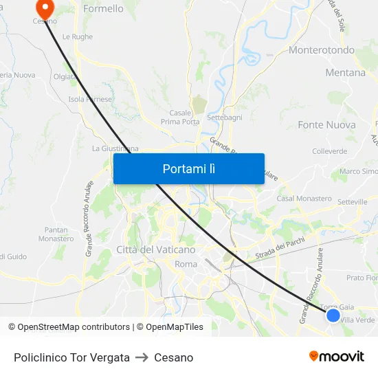 Policlinico Tor Vergata to Cesano map