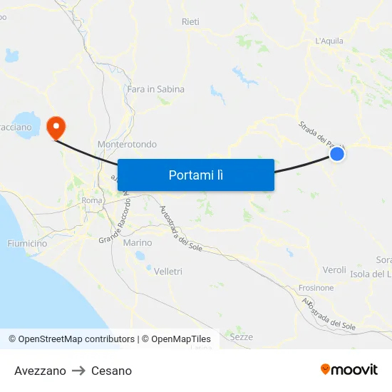 Avezzano to Cesano map