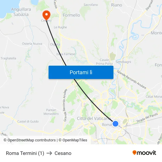 Roma Termini (1) to Cesano map
