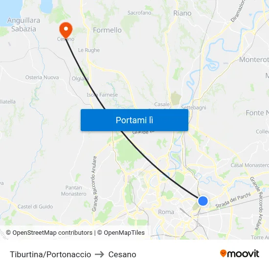 Tiburtina/Portonaccio to Cesano map