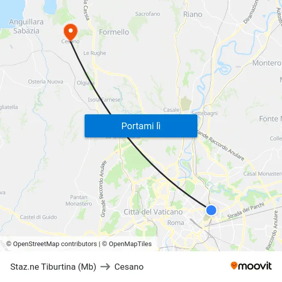 Staz.ne Tiburtina (Mb) to Cesano map