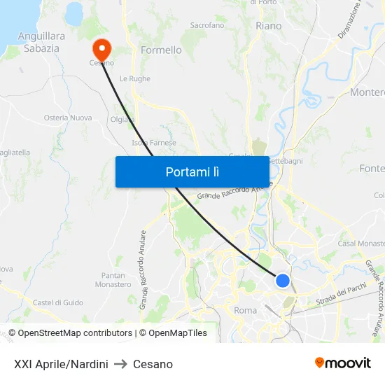XXI Aprile/Nardini to Cesano map