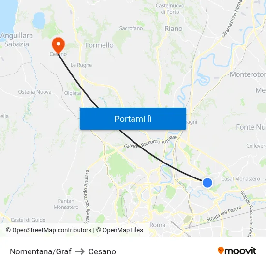 Nomentana/Graf to Cesano map