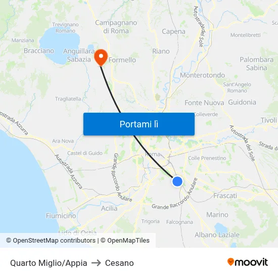 Quarto Miglio/Appia to Cesano map